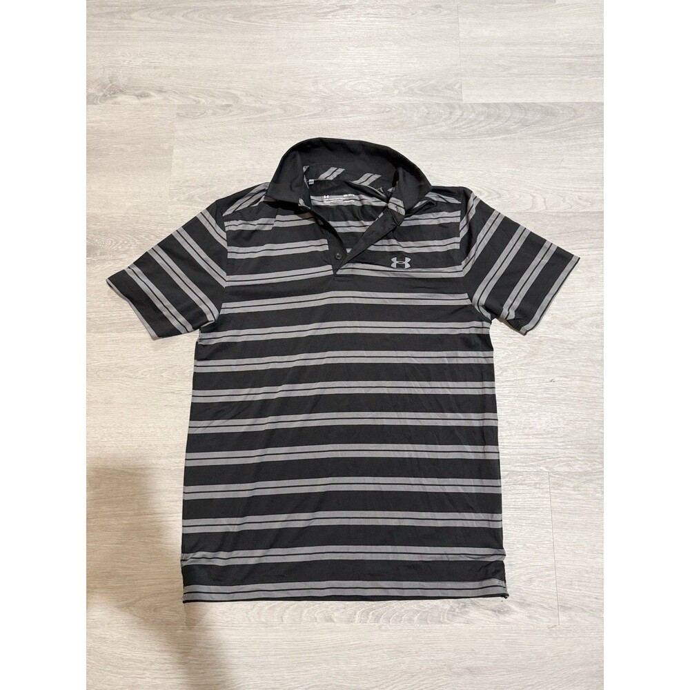 Under Armour Polo Shirt Mens Medium Black Gray Striped HeatGear Loose Golf Tech